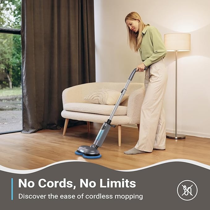 iDOO Cordless Electric Mop Rechargeable Spin Mop with Water Spray &amp LED Headlight Quiet Self Propelled Floor Cleaner Washable Pads &amp 350ml Water Tank Lightweight Floor Scrubber for All Flo