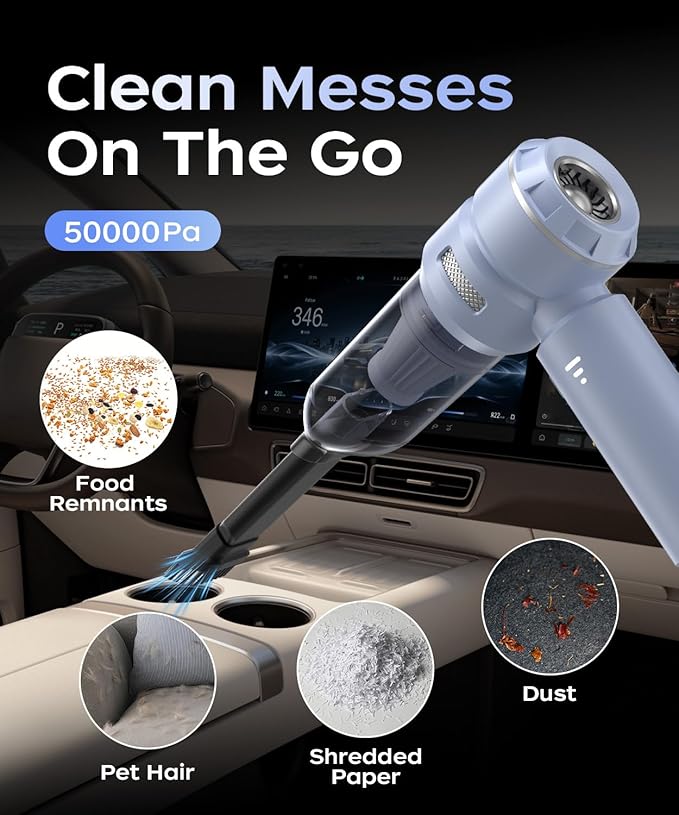 Car Vacuum3 Suction ModesPortable Mini Cordless Cleaner with 50000pa Suction PowerType-C ChargeHandheld Vacuum for HomeCarBirthday Gifts for Men Dad Husband (Blue)