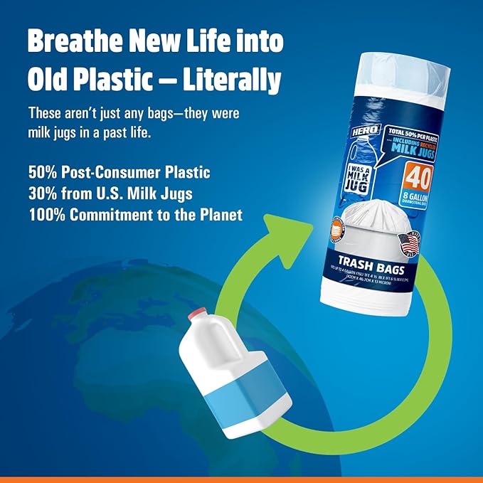 Hero I Was A Milk Jug Trash Bags 8 Gallon 320 Bag Bulk Case Recycled Bathroom Office Kitchen Small Trash Bag
