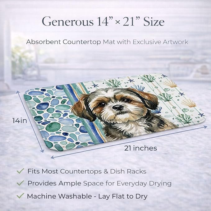 Caroline's Treasures Brindle Shih Tzu Coastal Sea Glass Dish Drying Mat Absorbent Dish Drying Mat Pad for Kitchen Counter Dish Drainer Mat for Countertop 14 x 21 Multicolor