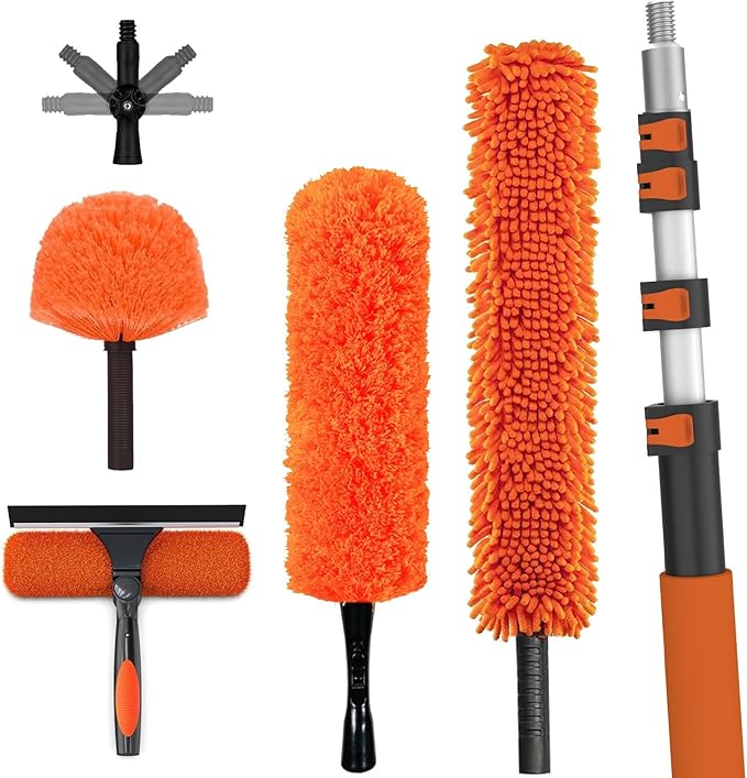 26FT High Reach Duster Cleaning Kit with Extension Pole High Ceiling Fan Cleaner Duster Tool for Fan Blades Window Washing Kit with Microfiber Feather Duster &amp Window Squeegee