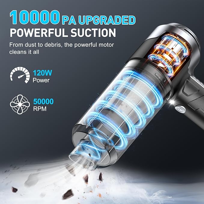 KMM Handheld Car Vacuum Cleaner 10000PA Vacuum Cleaner &amp Air Duster 120W High Power Vacuum Portable Cordless Hand Held Vacuum Rechargeable with Multi-Nozzles &amp LED Light for Home Car Offi