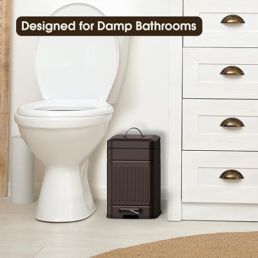 CEROELDA Small Trash Can with Lid-5L/1.3 GalStainless Steel Outdoor Dog Poop Garbage Can-Farmhouse Retro Metal Waste Bin w/Step Pedal for Bathroom Bedroom Office-Soft Close-Brown