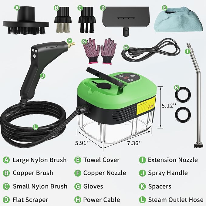 Handheld Steam Cleaner for Home 2500W High Temperature Pressurized Machine 1.2L Water Tank Handle-controlled Steam Output Portable Cleaning Steamer for Car Bed Bugs Furniture Grout (Green)