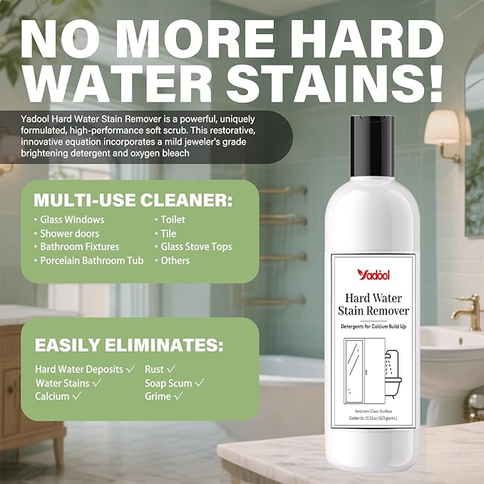 Hard Water Stain Remover Powerful Shower Glass &amp Door Cleaner Easily Removes Tough Water Spots Lime Calcium &amp Soap Scum Build Up Ideal for Bathroom Glass Toilet Bowl and More - 16.91oz