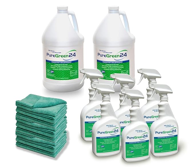 PureGreen24 Institutional pack Safe &amp Effective Disinfectant. Kills Deadly Germs including RSV Norovirus MRSA Staph Infuenza A Contains no toxic chemicals. 2 gallons 6 32oz sprays 10 Microfiber