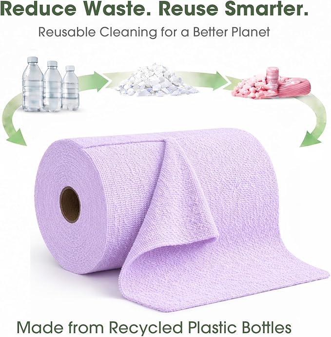 Microfiber Cleaning Cloth Roll - 100 Pack Tear Away Microfiber Paper Towels Reusable Washable Scratch-Free Kitchen Towels for Car Home Kitchen Glass Dishes (Light Purple)
