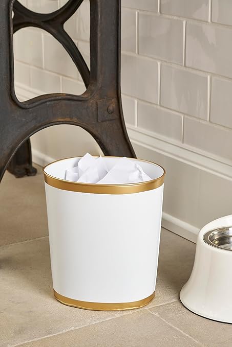 Jaye's Studio Mattie Decorative White and Gold Bathroom Trash Can Metal Waste Basket Modern Luxury Trash Bin for Bedroom Dorm Room Office Garbage Can Oval Decorative Trash Bins (12 x 10 x 8)