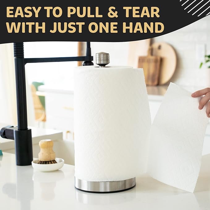 Heavy-Duty Stainless Steel Paper Towel Holder - Easy One-Handed Tear with Suction Cups - Modern Weighted Standing Countertop Dispenser for Kitchen - Holds All Paper Towel Rolls Silver