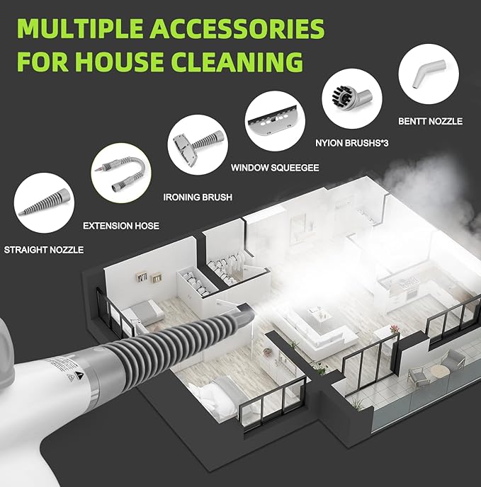 Handheld Steam Cleaner Pressurized Multi-Surface Steam Shot with 13 Accessories Safety Lock Steamer for Cleaning Floor Upholstery Grout Windows Couch and Car White
