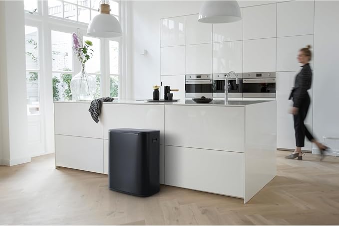 Brabantia Bo Touch Top Kitchen Trash Can with Single Compartment | Matt Black | 16 Gal Inner Bucket | Soft-Close Garbage Can Light Touch Opening Stay-Open Lid | Fits Against Wall | + Trash Bags