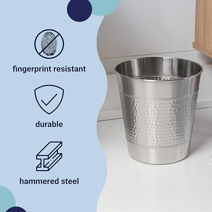 happimess HPM1111C Riley Modern Classic Hammered Steel Accent 2-Gallon Wastebasket for Home Bathroom Living Room Office Bedroom Kitchen Brushed Steel