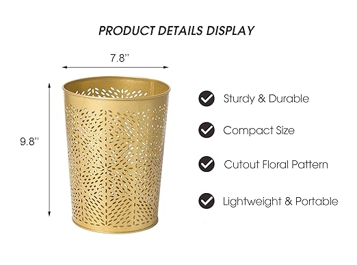 Small Gold Metal Trash Can Wastebasket Decorative Hollow-Out Garbage Can Waste Paper Bin Modern Farmhouse Round Trash Bin for Bathroom Bedroom Kitchen and Office (Floral)