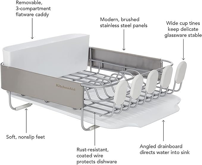 KitchenAid Compact Satin Wire Rust Resistant Expandable Dish Rack with Angled Self Draining Drainboard with Removable Flatware Caddy 23.18-Inch Gray