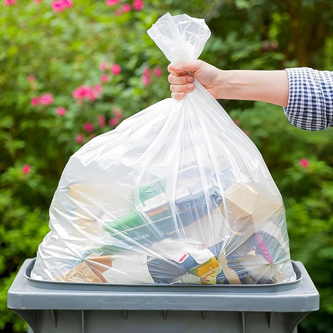 55 Gallon Trash Bags 1.3 Mil Heavy Duty Fit Rollout Containers Round and Square 32-55 gal Trash Cans 36 x 50 Large Durable Garbage Trash Can Liners Clear Pack of 100