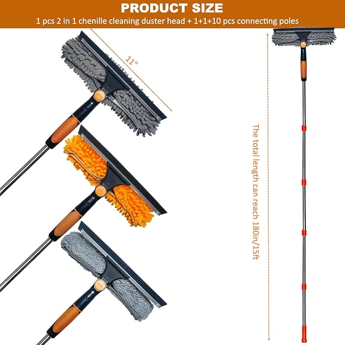 20 ft+ Reach Squeegee Window Cleaner Duster 2 in 1 Rotatable Window Cleaning Tool Kit with 3-14 ft Extension Pole Window Washing Equipment for Indoor Outdoor Window Car Glass - 3 Pads