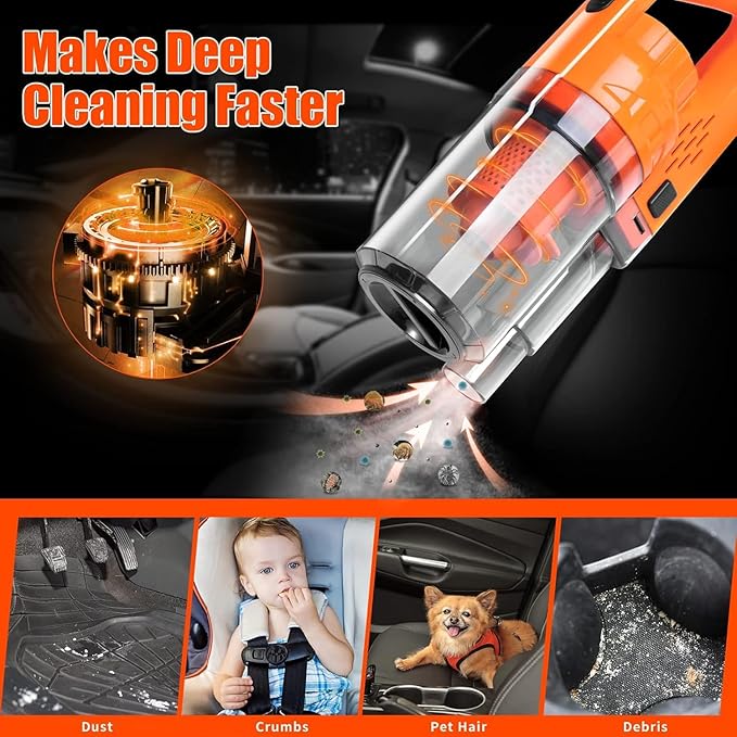 Viewsun Car Cleaning Kit Orange 17pcs Car Interior Detailing Kit with High Power Handheld Vacuum Detailing Brush Set Windshield Cleaner Cleaning Gel Complete Auto Accessories for Women Men Teens
