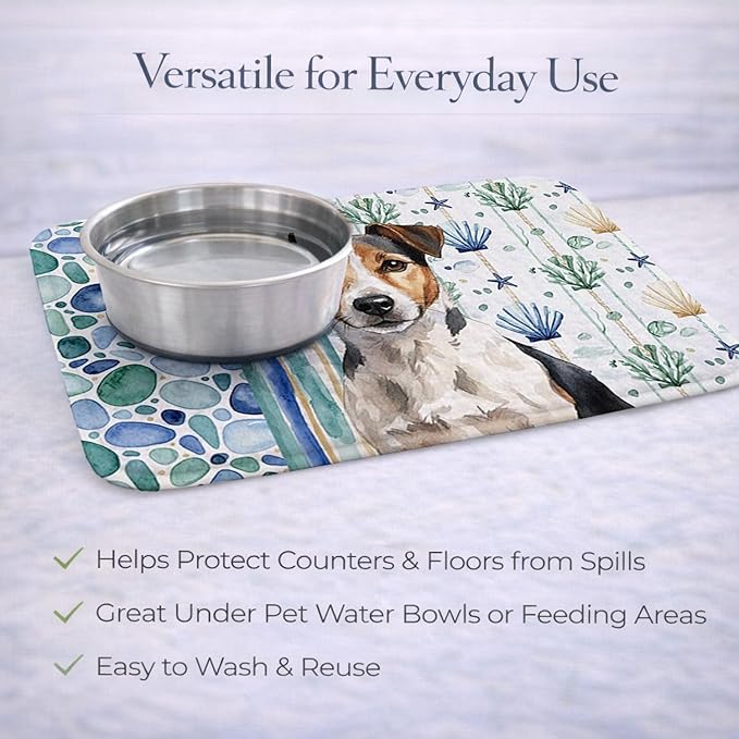 Caroline's Treasures Tricolor Russell Terrier Coastal Sea Glass Dish Drying Mat Absorbent Dish Drying Mat Pad for Kitchen Counter Dish Drainer Mat for Countertop 14 x 21 Multicolor