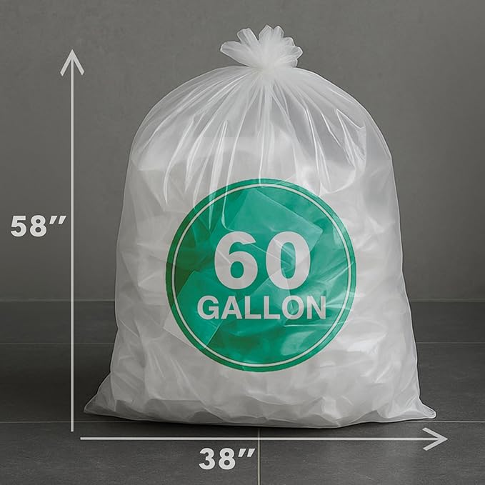 GREEN LIFESTYLE Easy Grab Trash Bags 55-60 Gallon (100 Count) - Super High Density Rolls (Heavy Duty Can Liners Garbage Bags Bulk Contractor Bags with 50 55 60 Gallon Capacity) (Transparent)