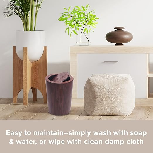 Modern Round Trash Can with LidReal Wood Waste Basket in Dark Brown9.25x7.5x11.8 Swing Top Small Trash CanDecorative Small Garbage Can for Bedroom Living Room Office &amp Bathroom8L/2.1Gal