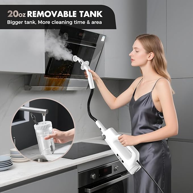 YKYI Steam Mop Detachable 10 in 1 Multipurpose Steamer with 11 Attachments Handheld Steam Cleaner for Home Hardwood Floors Laminate Marble Tile Grout Carpet Windows Cleaning (Light White)
