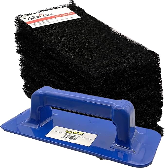 Scrub Doctor 6-Pack of 10 x 4.5 x 1 in. Large Black Scrub Pads and Scrub Pad Holder Scrub-HLD-L-BLK-6 Maximum Abrasion Scrubbing Pads for Cast Iron Pots BBQ Grills Oven Cleaning and Paint Removal