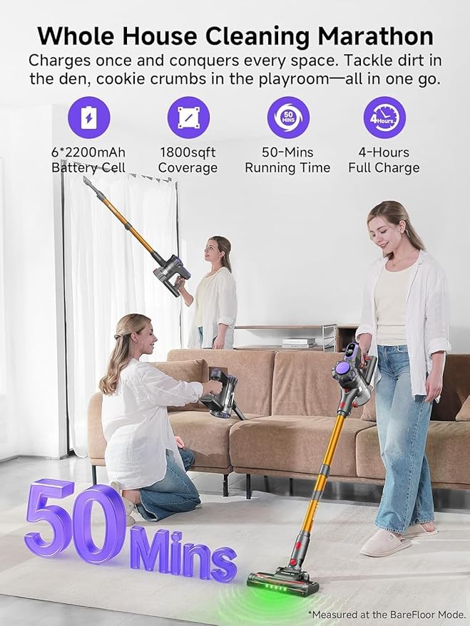 MONSGA Cordless Vacuum Cleaner 45KPa 400W Stick Vacuum for Home 50Mins Anti-Tangled Vacuum Cleaner with Charging Dock Light-Weighted Handheld Vacuum for Pet Hair/Carpet/Floor LED Touch Display