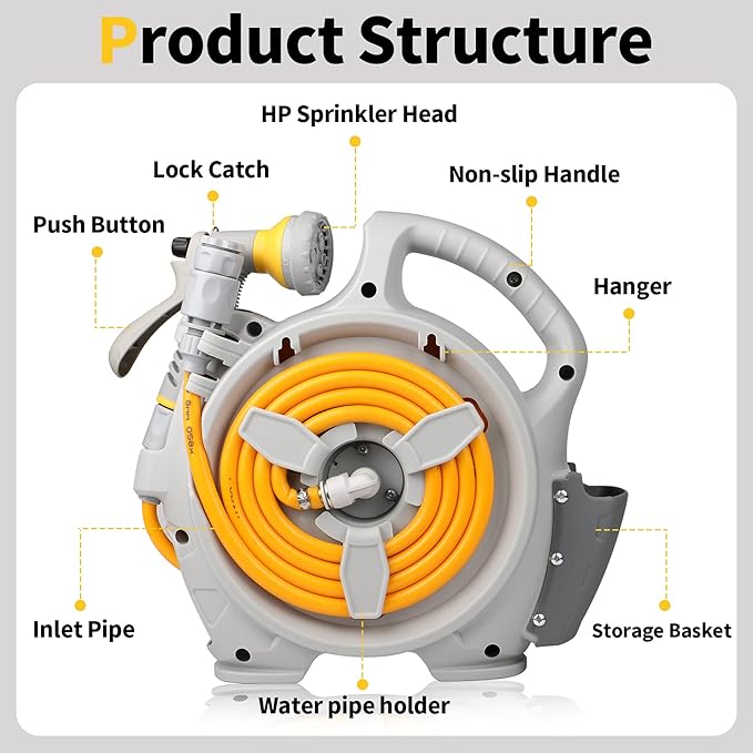 Garden Retractable Hose Reel Portable Simple Home Hose Reel 45+5 FT with 7 Patterns Spray Nozzle Wall Mounted and Any Length Lock for Garden Watering Car Washing Pet (Orange)
