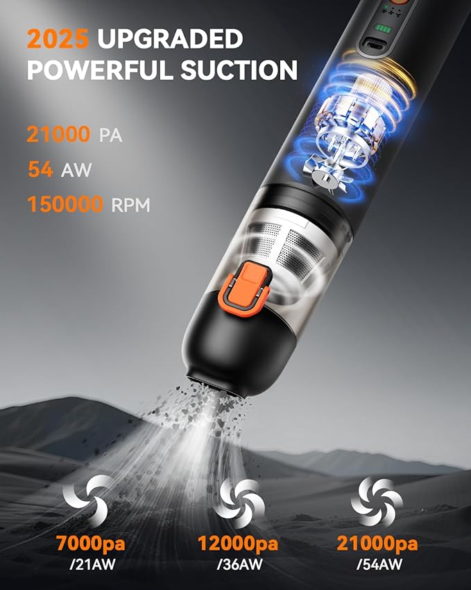 Car Vacuum Handheld Vacuum Cordless with 21000Pa Powerful Suction &amp 3 Modes 4-in-1 Portable Hand Held Mini Vacuum Cleaner Rechargeable Ultra Light for Car Home Office (Black)
