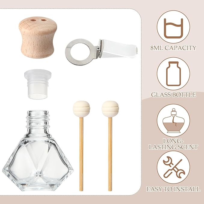 Zubebe 30 Pack 8 ml Diamond Essential Oil Diffuser Bottle Bulk Car Air Freshener Vent Clip Auto Perfume Vent Diffuser for Aromatherapy Fragrance Ornament Decor Glass Bottle with Wooden Caps Stick