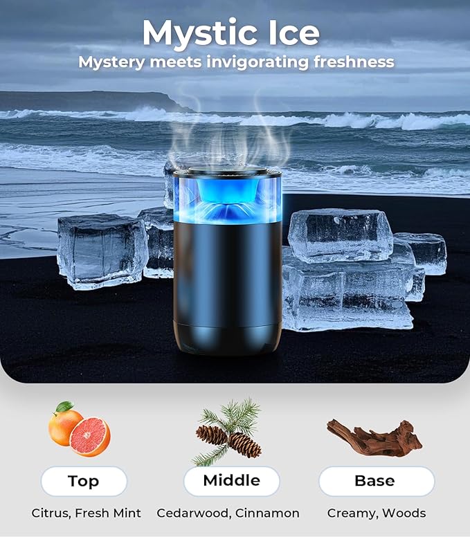 Smart Car Air Fresheners Ambient Light &amp Mist Fragrance Auto On/Off Car Air Freshener Diffuser Adjustable Intensity Lasts 6 Months Built-in Battery Premium Scents Refill X2 - Mystic Ice