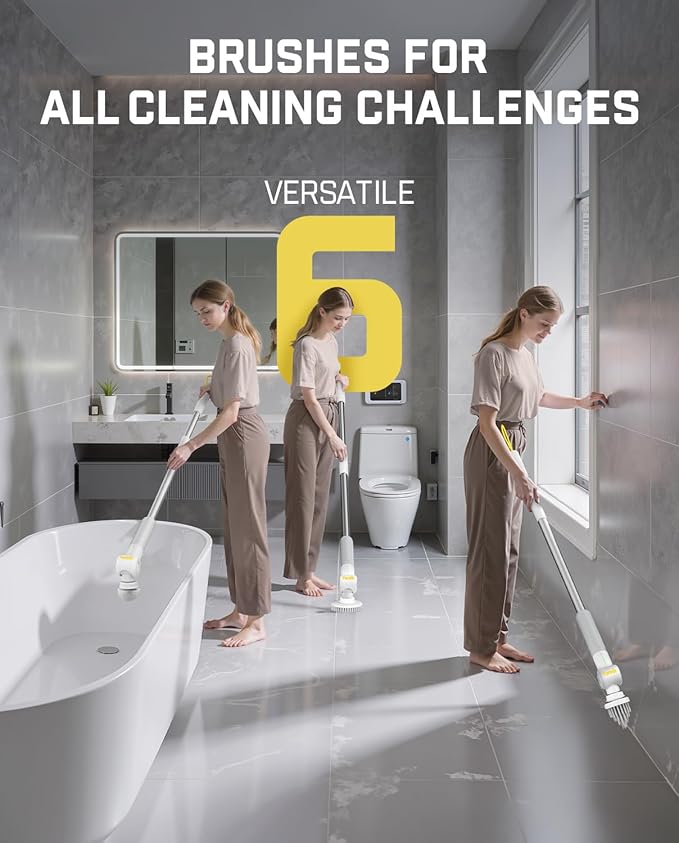 Fanttik Flip G9 Pro Electric Scrubber VoltiPulse Motor Dual-Speed Cleaner with 6 Brush Heads Adjustable Angle &amp Extendable Handle IPX7 Waterproof Type-C Charge for Bathroom Tile Grout - Whi