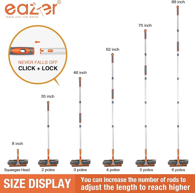 Eazer 89'' Squeegee Window Cleaner 2 in 1 Rotatable Window Cleaning Tool Kit with Extension Pole Window Washing Equipment with Bendable Head for Indoor/Outdoor Window and Car Glass