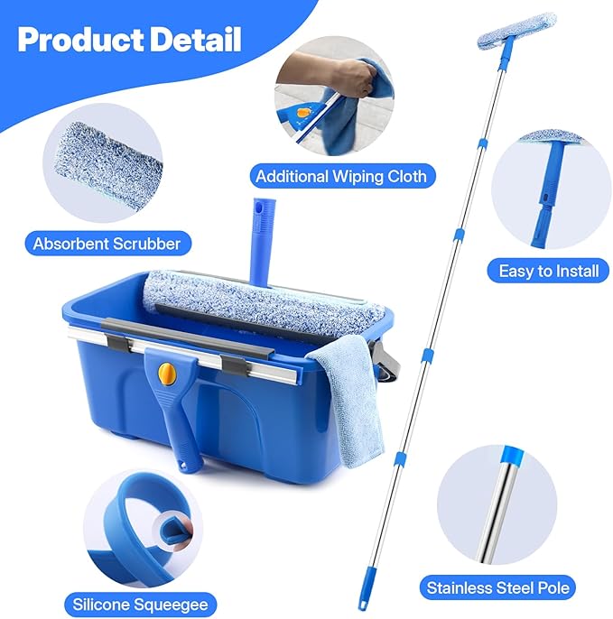 Professional Window Cleaning Kit with Bucket 3 Gallon 76 Long Handle Window Squeegee and Microfiber Scrubber High Windows Washing Equipment Window Cleaner Tool for Commercial Home Outdoor Car