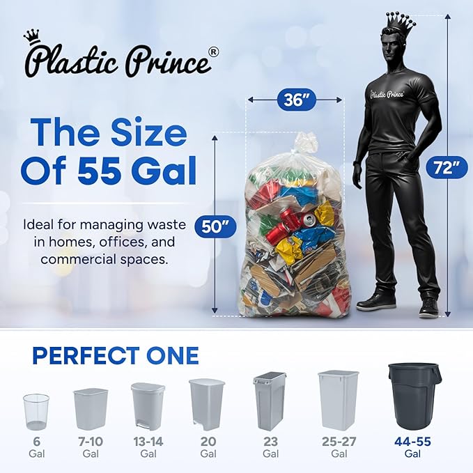 55 Gallon Trash Bags 1.3 Mil Heavy Duty Fit Rollout Containers Round and Square 32-55 gal Trash Cans 36 x 50 Large Durable Garbage Trash Can Liners Clear Pack of 100