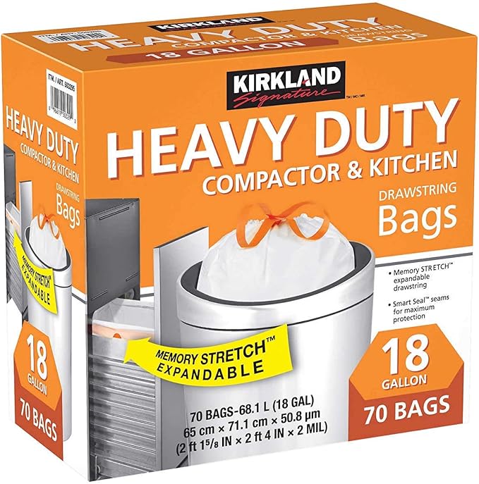 Kirkland Compactor Bags 18 Gallon Smart Fit Gripping Drawstring 70 ct 2 Pack (140 Count)