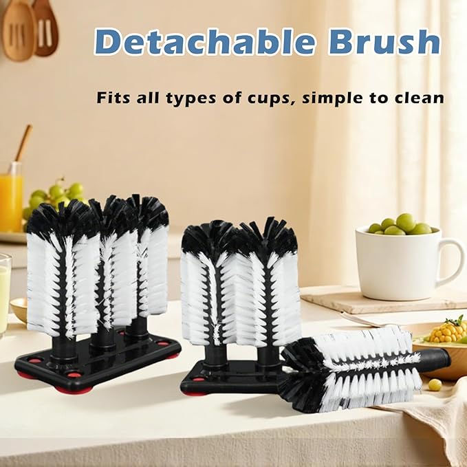 2 Pcs Water Bottle Cleaning Brush 7.3 x 3.7 x 7.5 Inch 3 Head Bristle Bar Glass Washer with Suction Base Washer Brush Cleaner for Cup Sink Wine Glass Bar Beer Cup