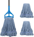 Commercial Industrial Mop with 3 Extra Large Reusable Replacement Head59 Long Handle Heavy Duty Wet MopsLooped-End String Cotton Mop for Floor CleaningHouseKitchenOfficeGarageTile(Blue)