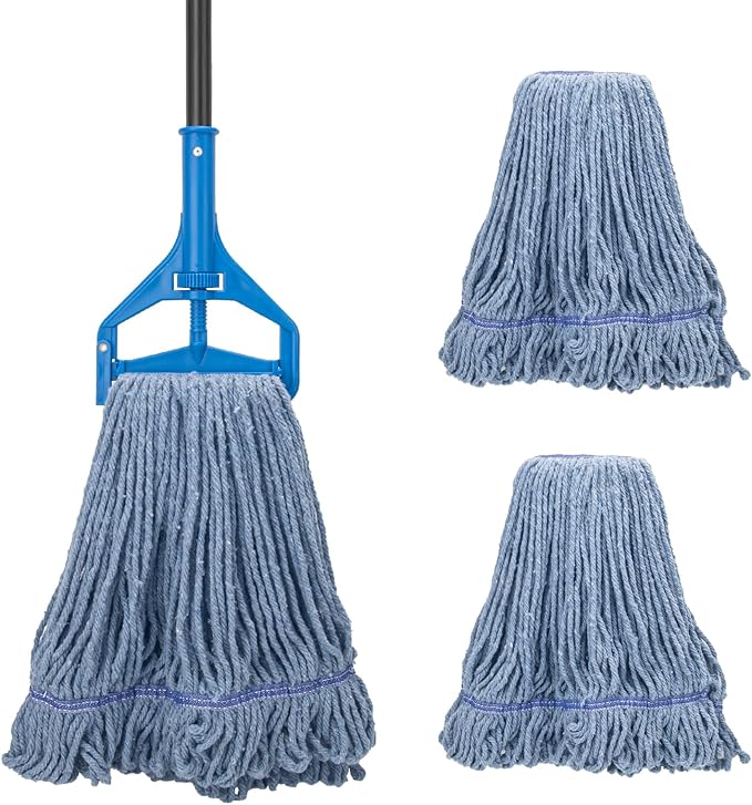 Commercial Industrial Mop with 3 Extra Large Reusable Replacement Head59 Long Handle Heavy Duty Wet MopsLooped-End String Cotton Mop for Floor CleaningHouseKitchenOfficeGarageTile(Blue)