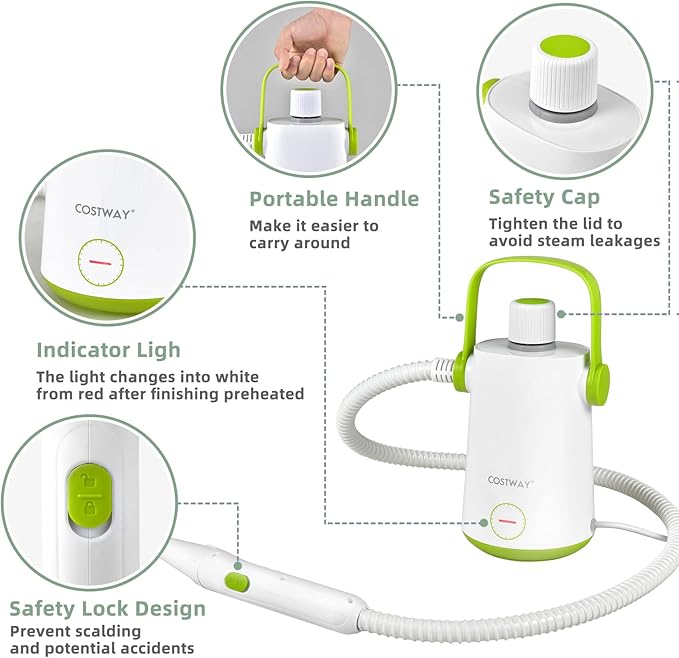 COSTWAY Handheld Multipurpose Steam Cleaner with 300ml (10.2oz) Water Tank Extended Hose &amp Extra-long Cord Portable Heavy Duty Steamer for Garment Windows Tires 10 Piece Accessory Set (Green