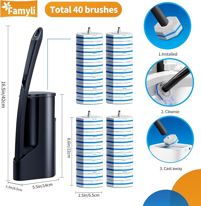 Disposable Toilet Brush - Toilet Bowl Cleaner Toilet Cleaning Supplies Toilet Brush with Holder Toilet Bowl Cleaner Wands40 Refills for Toilet Cleaning and Hygienic Bathroom Maintenance