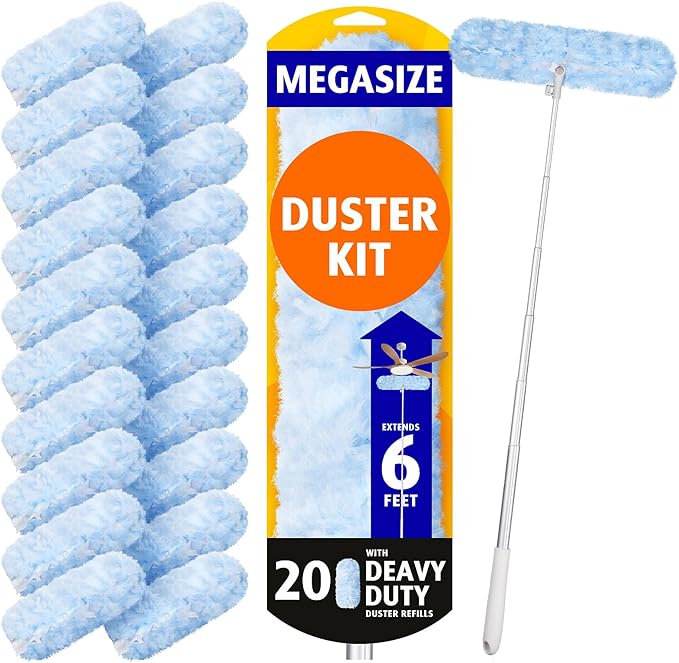 6 ft Extendable Duster Handle with 20 Refills Compatible with Swiffer Disposable Microfiber Dusting Pads for Home Cleaning Ceiling Fan Window Hard-to-Reach Areas