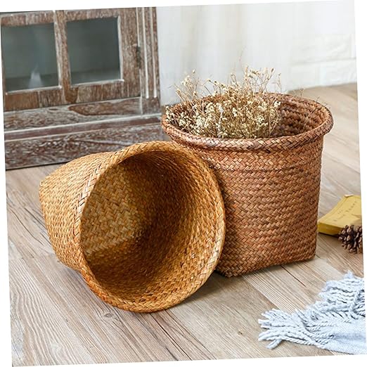 ARTIBETTER 2pcs Seagrass Waste Basket Woven Trash Can Garbage Container Bin Wicker Rattan Laundry Hamper Plant Pot Holder Sundries Storage Basket for Kitchen Bathroom Home Office