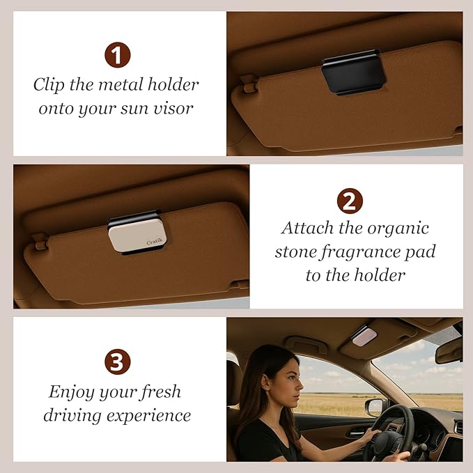 Car Air Freshener - Stone Air Freshener - Car Odor Eliminator for Visor Clip- Natural Scent Starter Kit Vehicle Scent Diffuser for Cabin Truck &amp SUV-Pack of 3 (Teak-Amber-Open Air)-CLIP INCLUDED