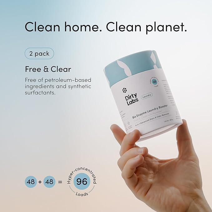 Dirty Labs | Scent Free | Bio Enzyme Laundry Booster | 2-Pack = 96 Loads | Hyper Concentrated | High Efficiency &amp Standard Machine Washer | Nontoxic Biodegradable | Stain &amp Odor Removal Boost