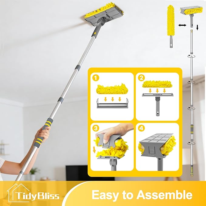 77” Ceiling Fan Blades Cleaner Duster with Extension Pole Extendable Flexible Dust Cleaning Brush Reusable Chenille Mop for Baseboard Wall Floor Blinds Cobweb