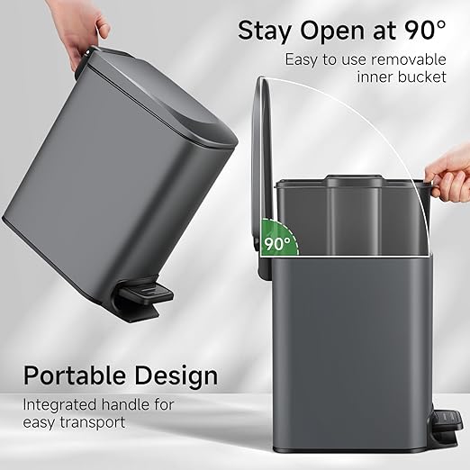 TIPGO Slim Bathroom Trash Can with Lid Soft Close 6 Liter / 1.6 Gallon Stainless Steel Garbage Can with Removable Inner Bucket Step Pedal Small Trash Cans for Bedroom Office Kitchen (Grey)