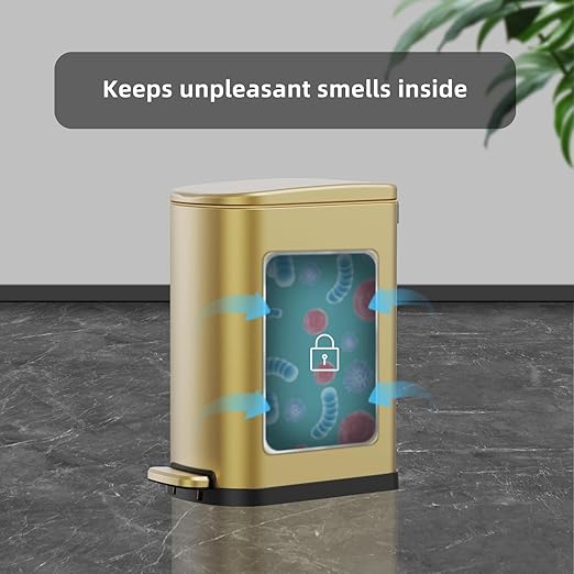 2.6 Gallon Slim Bathroom Trash Can with Soft Close Foot Pedal 10L Stainless Steel Garbage Can with Removable Liner Bucket for Narrow Spaces Bedroom Gold