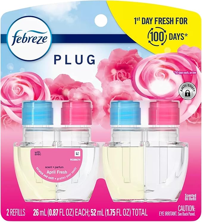 Febrezee Plug In Refills New Edition Plug In for Odor-Fighting Fade Defy PLUG Air Freshener (2) Count of 0.87 fl oz Refills (April Fresh)