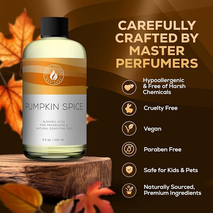 Aroma Country Pumpkin Spice Diffuser Oil - Luxury Essential Oils for Diffuser Refill &amp Air Freshener Room Spray Long-Lasting Natural Home Fragrance for Diffusers &amp Machines (4 Fl Oz)